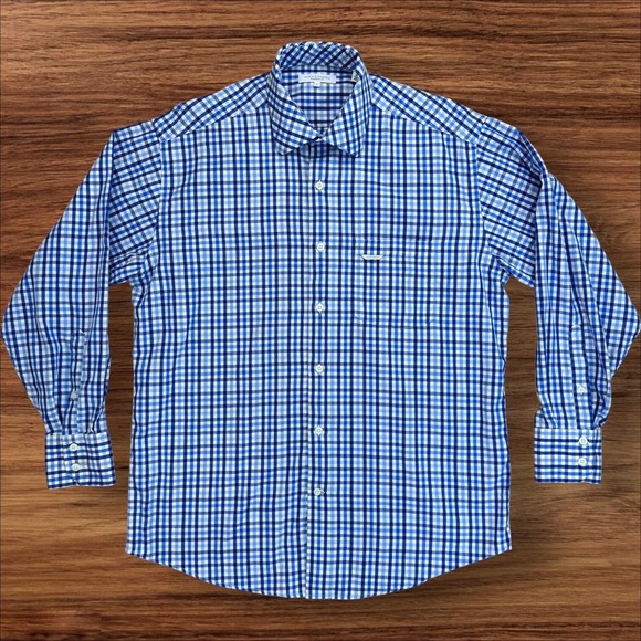 Alex Cannon Button Down Shirt Mens L Blue White‎ Plaid Long Sleeve Checkered Top - Picture 1 of 7